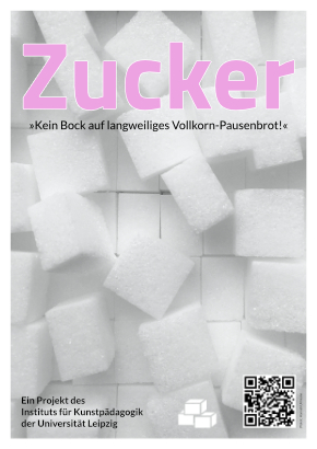 Plakat mit Zuckerwürfeln im Hintergrund
große Überschrift: Zucker