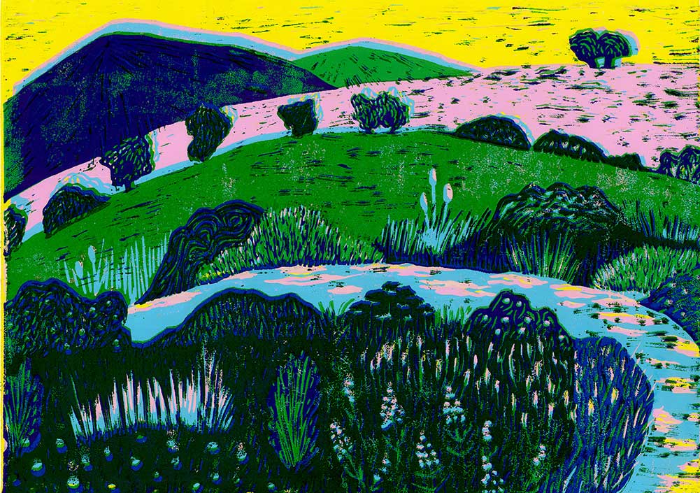 Originaldruckgrafischer Linolschnitt einer Landschaft in bunten Farben
