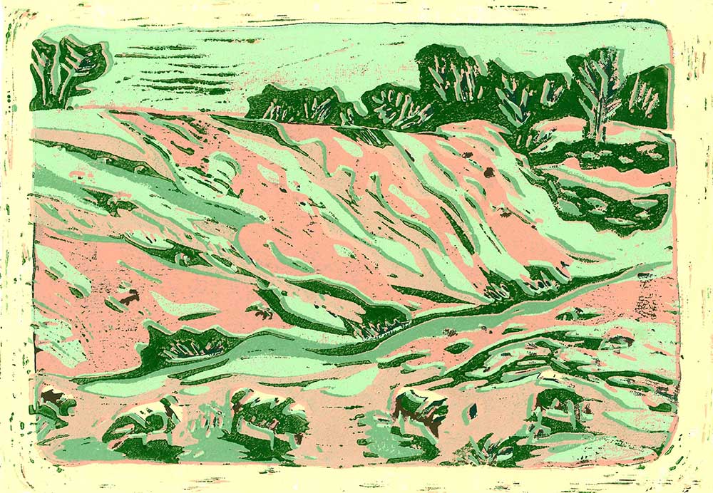 Originaldruckgrafischer Linolschnitt einer Landschaft in bunten Farben