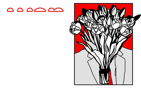 Eine Grafik zeigt eine sich bewegende Schrift. Nach einander erscheinen die Worte "Wen hats voll erwisch". Neben der Schrift versteckt sich ein Gesichter hinter einem Blumenstrauß.