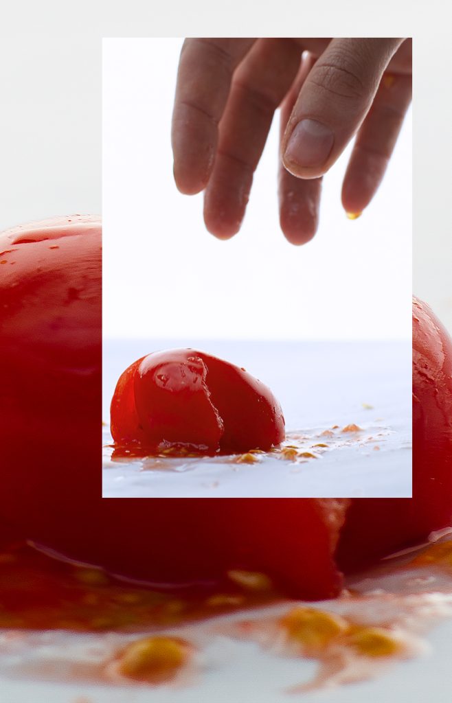 Eine Tomate liegt auf dem Boden; der Saft läuft aus. Eine Hand lässt eine Tomate fallen. Die Frucht ist kaputt gegangen.