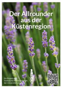 Vorschaubild für das Lavendel-Plakat. Weiße Schrift "Der Allrounder aus der Küstenregion" auf Fotountergrund, welcher frischen Lavendel vor der Blütezeit zeigt.